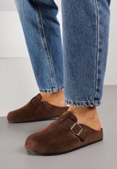 Ciemnobrązowe Klapki Typu Mule z Imitacji Zamszu z Paskiem z Klamerką Anevitta. Brązowe klapki Born2be, bez wzorów, eleganckie, bez obcasa, na płaskiej podeszwie, bez zapięcia. Za 79.99 zł.