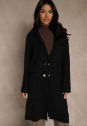 Czarny Płaszcz Dwurzędowy o Długim Kroju w Eleganckim Stylu Saratusa. Czarne płaszcze Renee, bez wzorów, z jeansu, biznesowe, bez kaptura. Za 129.99 zł.