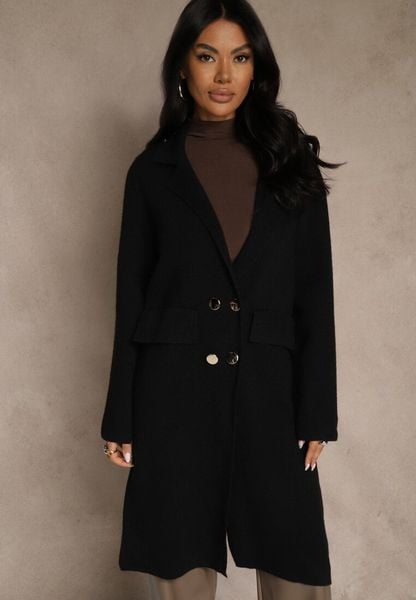 Czarny Płaszcz Dwurzędowy o Długim Kroju w Eleganckim Stylu Saratusa. Czarne płaszcze Renee, bez wzorów, z jeansu, biznesowe, bez kaptura. Za 129.99 zł.