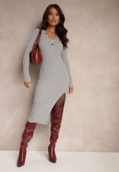 Szara Prążkowana Sukienka o Dopasowanym Kroju Ozdobiona Metalicznymi Napami Felirra. Szare sukienki Renee, na imprezę, m, bez wzorów, prążkowane, eleganckie, bez kołnierzyka, bez ramiączek, midi, dopasowane. W wyprzedaży za 71.99 zł.
