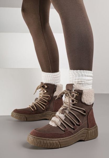 Brązowe Sznurowane Śniegowce z Futerkiem Typu Baranek Mevesalia. Brązowe śniegowce Born2be, bez wzorów, z jeansu, przed kolano, bez zapięcia. Za 129.99 zł.