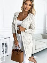 Sweter Kardigan Model 491-1 Beige Warkocz - Numoco. Brązowe swetry NUMOCO, plus size, bez wzorów, z elastanu, plus size, bez ramiączek. Za 209.40 zł.