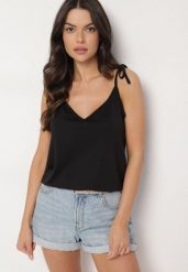 Czarny Top z Modalem i Bawełną Ozdobiona Wiązaniem Lilacea. Czarne topy Born2be, l, bez wzorów, z bawełny, eleganckie, bez kołnierzyka, bez ramiączek. W wyprzedaży za 33.99 zł.