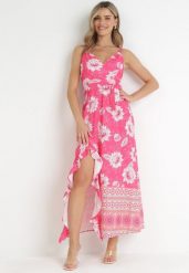Fuksjowa Sukienka Maxi na Cienkich Ramiączkach i Materiałowym Paskiem Adakila. Czerwone sukienki Born2be, l, bez wzorów, z materiału, eleganckie, bez kołnierzyka, bez ramiączek, maxi. Za 99.99 zł.