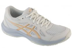 Buty do siatkówki damskie, Upcourt 6. Białe buty treningowe ASICS, bez wzorów, z materiału, przed kostkę, bez zapięcia, do siatkówki. Za 327.65 zł.