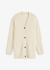 Gruby sweter rozpinany z miękkiej mieszanki wełny. Białe swetry bonprix, bez wzorów, z wełny, bez ramiączek. Za 124.99 zł.