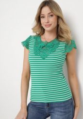 Zielony Bawełniany T-shirt w Paski z Koronkowymi Wstawkami Idamarie. Zielone t-shirty Born2be, m, bez wzorów, z bawełny, bez kołnierzyka, bez ramiączek. Za 69.99 zł.