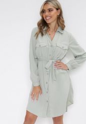 Jasnozielona Bawełniana Sukienka Koszulowa Aravia. Zielone sukienki Born2be, l, bez wzorów, z bawełny, bez kołnierzyka, bez ramiączek, mini, koszulowe. Za 64.99 zł.