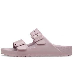 Klapki Birkenstock Arizona Eva Damskie. Fioletowe klapki Birkenstock, bez wzorów, z materiału, bez obcasa, bez zapięcia. Za 272.30 zł.