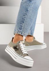 Zielone Trampki na Grubej Podeszwie z Metaliczną Wstawką Telarella. Zielone trampki Born2be, bez wzorów, z jeansu, bez zapięcia. W wyprzedaży za 76.49 zł.