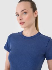 4F T-shirt slim z prążkowanej dzianiny damski - granatowy M. Niebieskie t-shirty 4f, m, bez wzorów, z bawełny, klasyczne, bez kołnierzyka, bez ramiączek. W wyprzedaży za 49.99 zł.