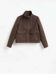 Kurtka z wysokim kołnierzem - ciemnobrązowy. Brązowe kurtki Reserved, l, bez wzorów, z tkaniny, bez kaptura. Za 199.99 zł.