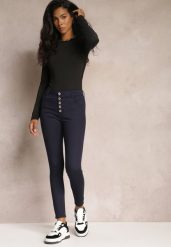 Granatowe Spodnie Skinny Winvienne. Niebieskie jeansy Renee, l, w ażurowe wzory, z jeansu, z podwyższonym stanem, długie. W wyprzedaży za 63.99 zł.
