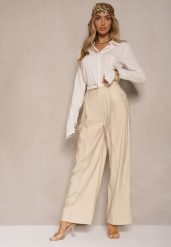 Jasnobeżowe Garniturowe Spodnie High Waist o Szerokim Kroju Efrase. Brązowe jeansy Renee, bez wzorów, z jeansu, z podwyższonym stanem. W wyprzedaży za 99.99 zł.