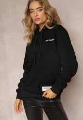 Czarna Bluza z Nadrukiem na Tyle i Kapturem oraz Kieszonką Stelletta. Czarne bluzy Renee, l, bez wzorów, z bawełny, bez ramiączek, z kapturem. W wyprzedaży za 79.99 zł.
