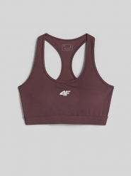 4F Biustonosz treningowy z niskim wsparciem damski - brązowy L. Brązowe biustonosze sportowe 4f, bez wzorów, z gumy, na fitness i siłownię. Za 119.99 zł.