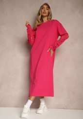 Fuksjowa Sukienka z Bawełny o Kroju Typu T-shirt z Koronką i Rozcięciami Tanisla. Czerwone sukienki Renee, na co dzień, bez wzorów, z bawełny, eleganckie, bez kołnierzyka, bez ramiączek, midi, proste. W wyprzedaży za 67.99 zł.