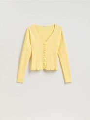 Kardigan z wiskozą - jasnożółty. Żółte swetry Reserved, l, bez wzorów, z dzianiny, bez ramiączek. Za 119.99 zł.