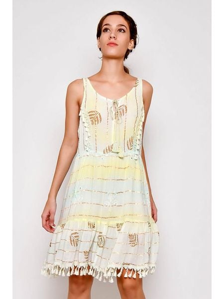 H.H.G. Sukienka w kolorze żółtym rozmiar: S. Żółte sukienki H.H.G., s, z aplikacjami, z wiskozy, bez kołnierzyka, bez ramiączek, mini. Za 43.68 zł.