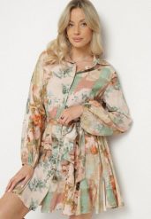 Zielona Koszulowa Sukienka z Wiskozy w Kwiaty z Paskiem Talinara. Zielone sukienki Born2be, na co dzień, l, bez wzorów, z wiskozy, eleganckie, bez kołnierzyka, bez ramiączek, mini, koszulowe. W wyprzedaży za 118.99 zł.