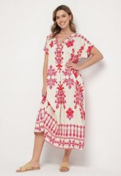 Czerwona Sukienka z Lnem o Pudełkowym Kroju z Dekoltem w Serek Iffire. Czerwone sukienki Born2be, do pracy, l, bez wzorów, biznesowe, bez kołnierzyka, bez ramiączek, maxi. Za 79.99 zł.