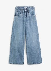 Dżinsy wide leg z wysokim stanem. Niebieskie jeansy bonprix, bez wzorów, z jeansu, z podwyższonym stanem. Za 159.99 zł.