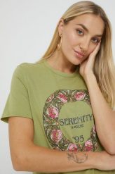 Only t-shirt bawełniany damskie kolor zielony. Zielone t-shirty ONLY, bez wzorów, z bawełny, bez kołnierzyka, bez ramiączek. W wyprzedaży za 43.99 zł.