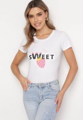 Biała Bawełniana Bluzka z Nadrukiem i Napisem Vemassa. Białe bluzki Born2be, m, bez wzorów, z bawełny, bez kołnierzyka, bez ramiączek. Za 49.99 zł.