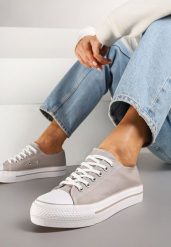 Szare Trampki Basic z Cholewką przed Kostkę na Niskiej Platformie Senadra. Szare trampki Renee, bez wzorów, z jeansu, przed kostkę, bez zapięcia. W wyprzedaży za 43.99 zł.