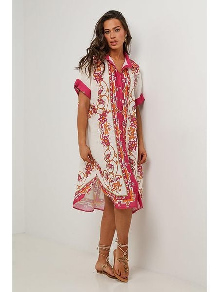 Le Monde du Lin Sukienka w kolorze kremowo-czerwonym rozmiar: 34/36. Brązowe sukienki Le Monde du Lin, na co dzień, bez wzorów, klasyczne, bez kołnierzyka, bez ramiączek, midi, proste. Za 145.26 zł.