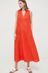 Max Mara Leisure sukienka lniana kolor czerwony midi oversize. Czerwone sukienki Max Mara Leisure, bez wzorów, z tkaniny, bez kołnierzyka, bez ramiączek, midi, oversize. Za 1,069.90 zł.