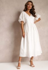 Biała Rozkloszowana Sukienka Maxi z Ażurowymi Wstawkami z Lnem i Bawełną Camya. Białe sukienki Renee, na spotkanie biznesowe, m, w ażurowe wzory, z bawełny, eleganckie, bez kołnierzyka, bez ramiączek, maxi, rozkloszowane. W wyprzedaży za 183.99 zł.
