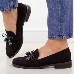 Czarne zamszowe skórzane Polskie mokasyny damskie Deoni D042. Czarne mokasyny Deoni, bez wzorów, z jeansu. Za 449.00 zł.