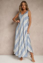 Niebieska Rozkloszowana Sukienka z Geometrycznym Wzorem Lumire. Niebieskie sukienki Renee, na spotkanie biznesowe, xl, z aplikacjami, eleganckie, bez kołnierzyka, bez ramiączek, maxi, rozkloszowane. W wyprzedaży za 55.99 zł.