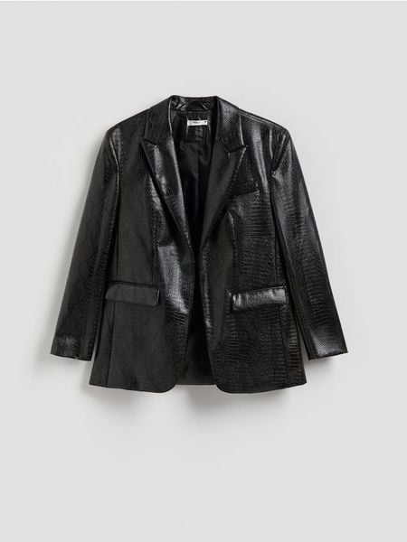 Marynarka z imitacji skóry - czarny. Czarne marynarki i żakiety Reserved, l, bez wzorów, ze skóry, bez ramiączek. Za 229.99 zł.