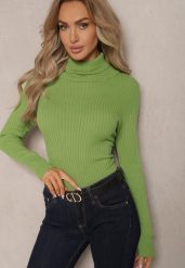 Jasnozielony Klasyczny Golf z Prążkowanego Materiału Belikorre. Zielone swetry Renee, m, bez wzorów, z jeansu, eleganckie, bez ramiączek. W wyprzedaży za 63.99 zł.