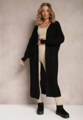 Czarny Długi Kardigan Oversize Angellona. Czarne swetry Renee, bez wzorów, bez ramiączek. W wyprzedaży za 87.99 zł.