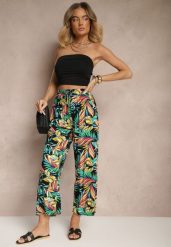 Zielone Spodnie z Bawełny o Szerokim Kroju High Waist w Liście Edirive. Zielone jeansy Renee, na lato, l, bez wzorów, z bawełny, biznesowe, z podwyższonym stanem. W wyprzedaży za 20.99 zł.