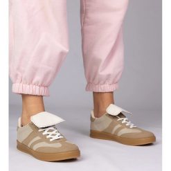 Beżowe sneakersy trampki damskie sportowe beżowy. Brązowe trampki bez wzorów, z materiału, eleganckie, bez zapięcia. Za 84.03 zł.
