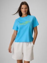 4F T-shirt boxy z nadrukiem damski - niebieski S. Niebieskie t-shirty 4f, s, bez wzorów, z bawełny, bez kołnierzyka, bez ramiączek. Za 69.99 zł.