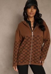 Brązowy Rozpinany Kardigan z Kapturem z Geometrycznym Wzorem Neratusa. Brązowe swetry Renee, na wiosnę, l, bez wzorów, z jeansu, bez ramiączek. Za 79.99 zł.