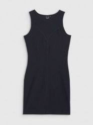4F Sukienka mini z prążkowanej dzianiny damska - czarna M. Czarne sukienki 4f, na co dzień, m, bez wzorów, z dzianiny, eleganckie, bez kołnierzyka, bez ramiączek, maxi, dopasowane. Za 129.99 zł.