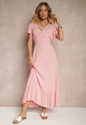 Różowa Rozkloszowana Sukienka z Wiskozy z Kopertowym Dekoltem Rellrive. Czerwone sukienki Renee, na co dzień, l, bez wzorów, z wiskozy, eleganckie, bez kołnierzyka, bez ramiączek, maxi, kopertowe. W wyprzedaży za 63.99 zł.