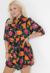 Czarno-Pomarańczowa Koszulowa Sukienka Mini z Guzikami i Materiałowym Paskiem Raimeda. Czarne sukienki Born2be, l, bez wzorów, z materiału, bez kołnierzyka, plus size, bez ramiączek, mini, koszulowe. W wyprzedaży za 63.74 zł.