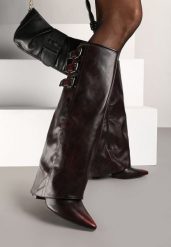 Bordowe Kozaki na Obcasie Ozdobione Wywiniętą Cholewką z Paskami i Klamrami Liennia. Czerwone kozaki Born2be, bez wzorów, eleganckie, bez obcasa, na obcasie, bez zapięcia. Za 189.99 zł.