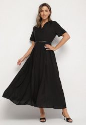 Czarna Wiskozowa Sukienka z Lnem o Rozkloszowanym Kroju z Paskiem z Klamerką Linalin. Czarne sukienki Born2be, na co dzień, l, bez wzorów, z wiskozy, eleganckie, bez kołnierzyka, bez ramiączek, maxi, rozkloszowane. W wyprzedaży za 118.99 zł.