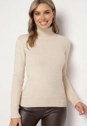Beżowy Golf z Wełną o Klasycznym Fasonie Zozilya. Brązowe swetry Born2be, bez wzorów, z jeansu, eleganckie, bez ramiączek. W wyprzedaży za 84.99 zł.