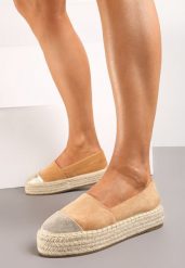 Brązowe Espadryle z Brokatowym Noskiem i Plecioną Podeszwą Plaora. Brązowe espadryle Renee, bez wzorów, bez obcasa, na platformie. W wyprzedaży za 67.99 zł.