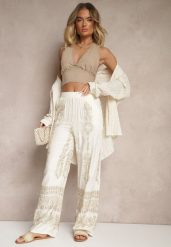 Beżowe Szerokie Spodnie z Lnem i Bawełną High Waist z Haftem i Metaliczną Nicią Serilia. Brązowe jeansy Renee, bez wzorów, z bawełny, eleganckie, z podwyższonym stanem. W wyprzedaży za 50.99 zł.