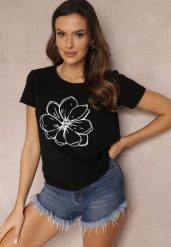 Czarny T-shirt z Ozdobnym Nadrukiem i Okrągłym Dekoltem Shosho. Czarne t-shirty Renee, m, bez wzorów, z dzianiny, bez kołnierzyka, bez ramiączek. W wyprzedaży za 44.99 zł.